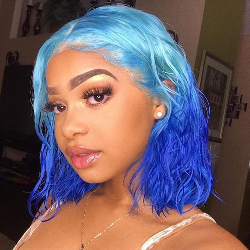 Ombre Icy Blue Color Bob Straight Hair Lace Wigs