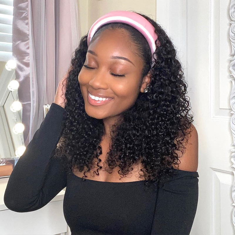 Kinky Curly Headband Wig Human Hair Glueless Wig