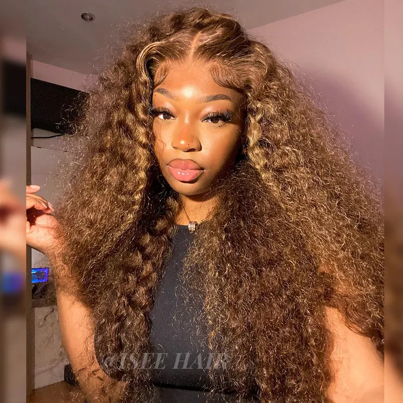 30 Inch Buss Down Highlight Wig Brown Color Deep Curly Pre-Cut Glueless HD Lace Wig