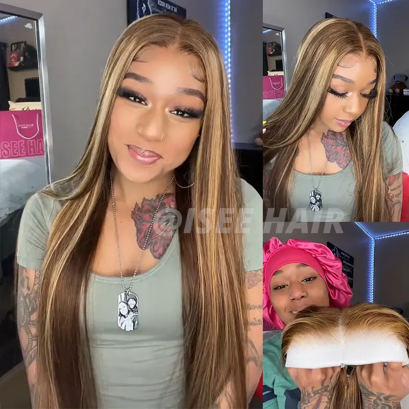 Wear & Go Highlight Brown Wigs Silky Straight Pre-plucked Glueless Lace Wigs