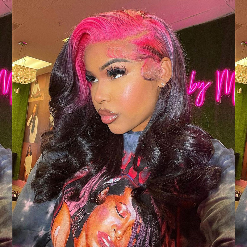 Sparkle Hot Pink Roots Black Color Wig 13*4 Lace Front Wig