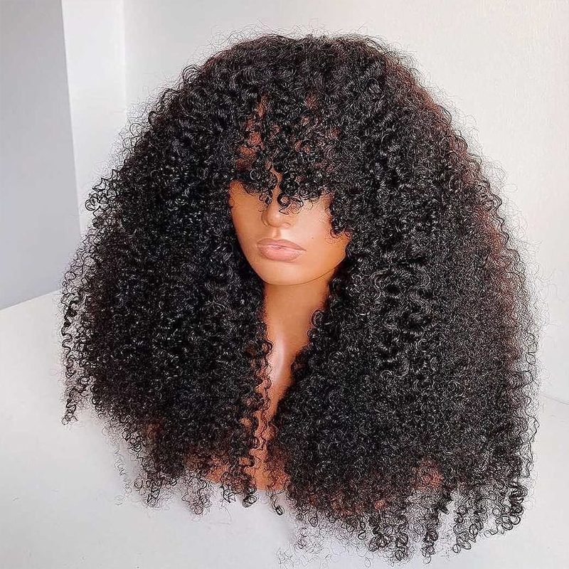 ISEEHAIR Machine Made Wig Kinky Curly Sew In Wig Human Hair Wigs with Bangs