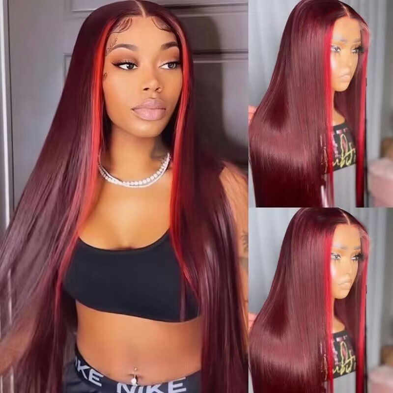 Burgundy 99J & Red Streaks Straight Human Hair Wigs Christmas Wig