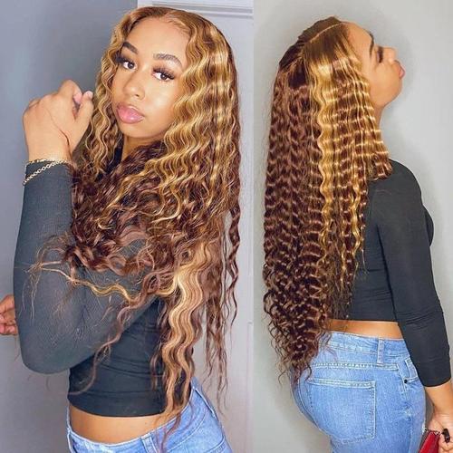 Glueless Human Hair Wigs Highlight Brown Deep Curly Glueless HD Lace Wig