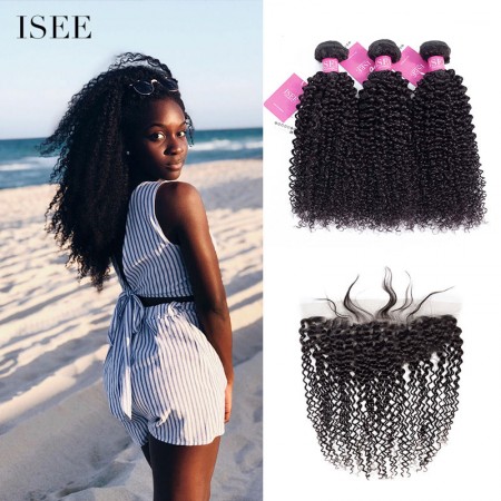ISEE HAIR Kinky Curly Bundles with Frontal 10A Grade 100% Human Virgin Hair unprocessed 