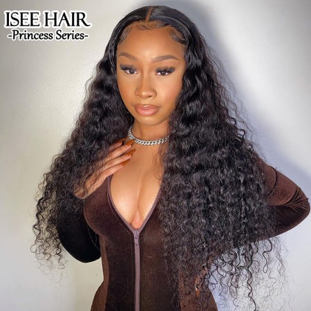 ISEEHAIR Deep Curly Tpart Wig Human Hair Natural Black Color Lace Part Wig with Natural Hairline