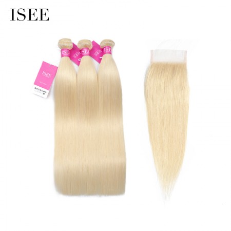 ISEE HAIR 613 Blonde Human Virgin Hair Straight Closure with 3 or 4 Bundles per pack