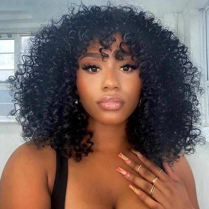 Bob Weave Wig with Bangs, Short Kinky Curly Human Hair Fringe Wig Glueless