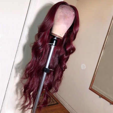 Burgundy 99J Body Wave Lace Front Wig, Red Human Hair Wig With Natural Hairline ISEE HAIR