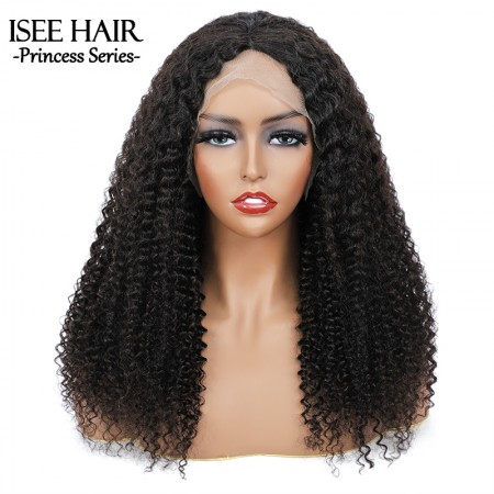 ISEE HAIR Kinky Curly Tpart Wig Human Hair Natural Black Color Lace Part Wig with Natural Hairline
