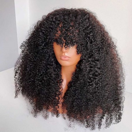 ISEE HAIR Machine Made Wig Kinky Curly Sew In Wig Human Hair Wigs with Bangs