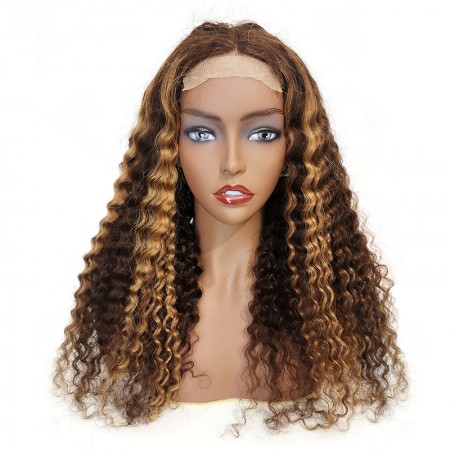 Highlight Deep Curly Lace Closure Wig TL4/12 Piano Color Wig Pre Plucked Transparent Lace