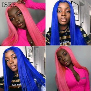ISEE HAIR Blue&Pink&Purple Precolored Human Hair Wigs, 13x4 Lace Front Wig for Women 
