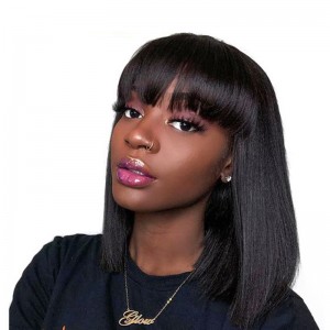 Machine Made Glueless Sew In Bob Wig with Bangs, Short Human Hair Silky Straight Wigs 