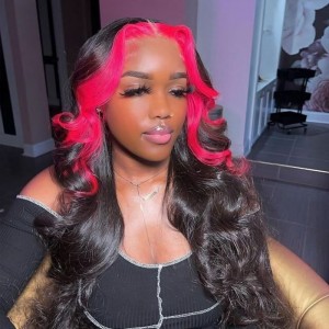 Hot Pink Skunk Stripe Color Straight Wig 13*4 Lace Front Wig 
