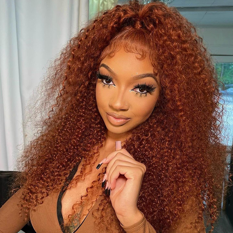 Dark Auburn Autumn Color Kinky Curly Lace Front Wig Pre-plucked Human Hair Wig