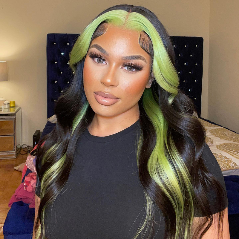 Trendy Color 99J/613 & Green Black Skunk Stripe Wig