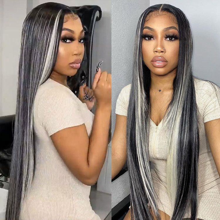 Human Hair Wigs Grey Highlight Straight Lace Wig