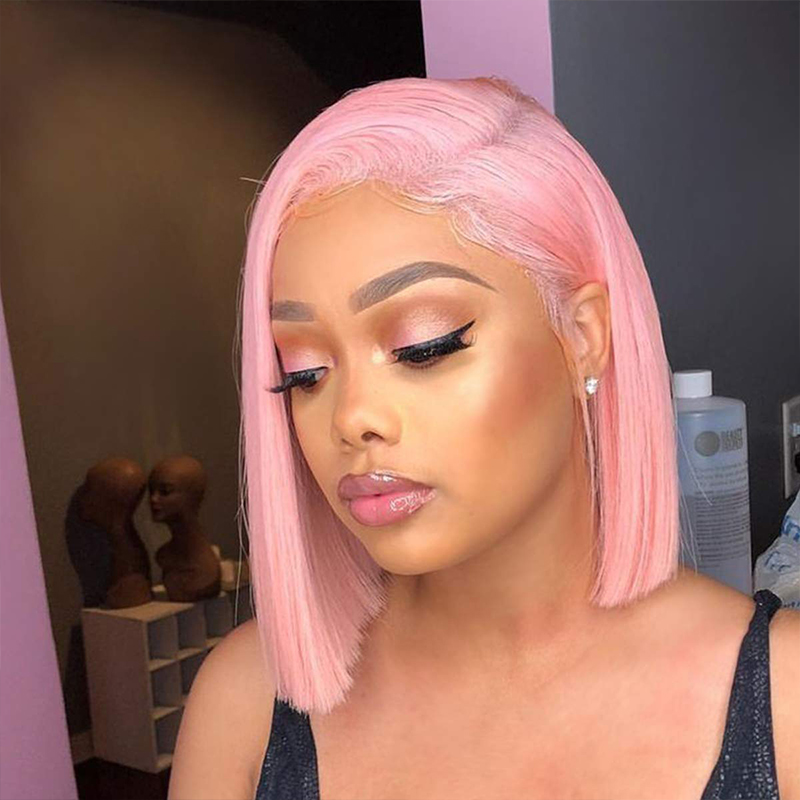 Salmon Pink Color Side Part Bob Straight Lace Wigs