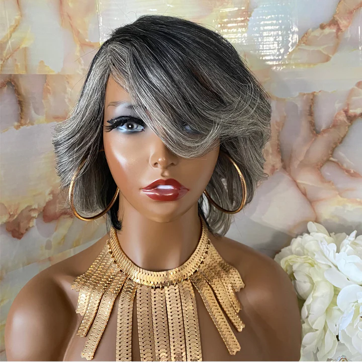 Short Wavy Bob 13x4x1 Lace Side Part Wig Black & Grey Color