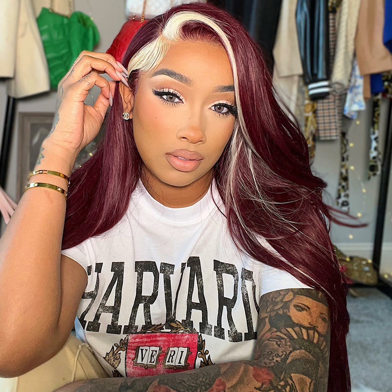 Side Part Red Wine & Blonde Skunk Stripe Color Wig 13*4 Lace Front Wig