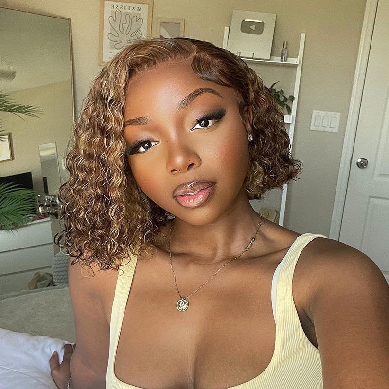 10 Inch Curly Wig Bob Highlight Brown Lace Wig