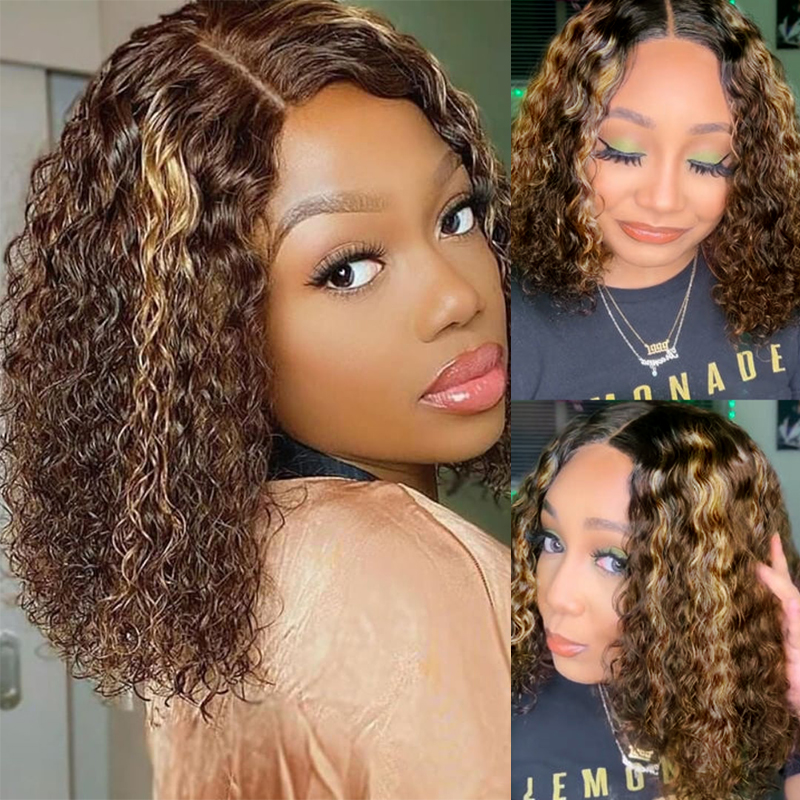 14 Inch Curly Wig Bob Highlight Brown Lace Wig