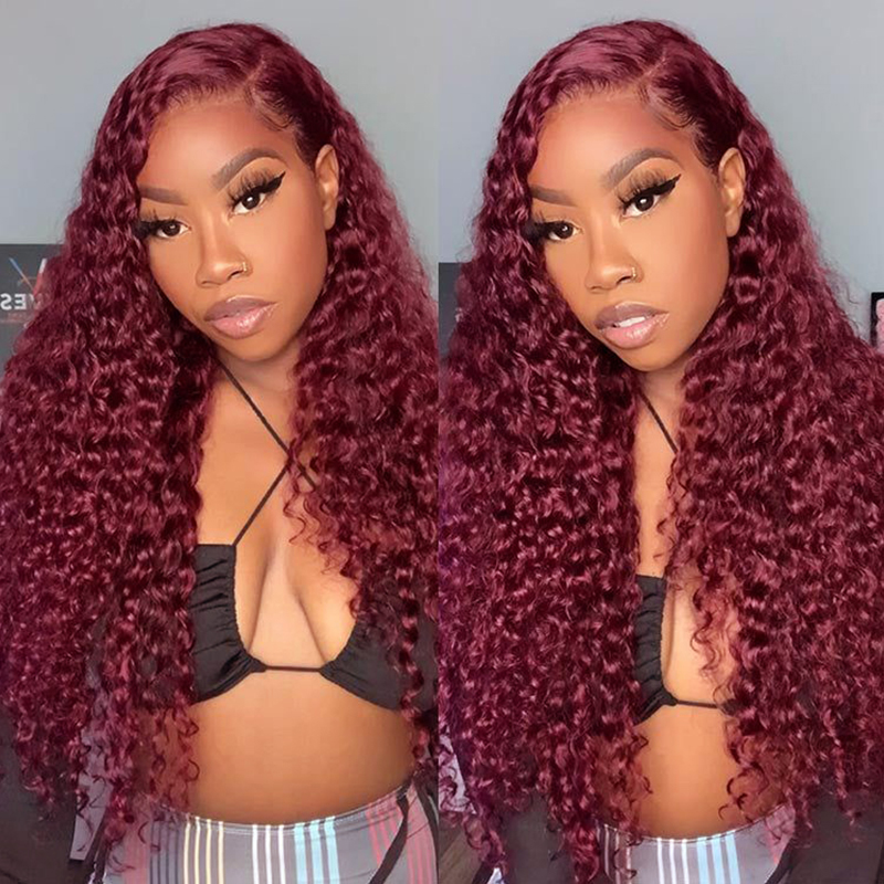 Burgundy 99J Water Wave  Human Hair Lace Wig