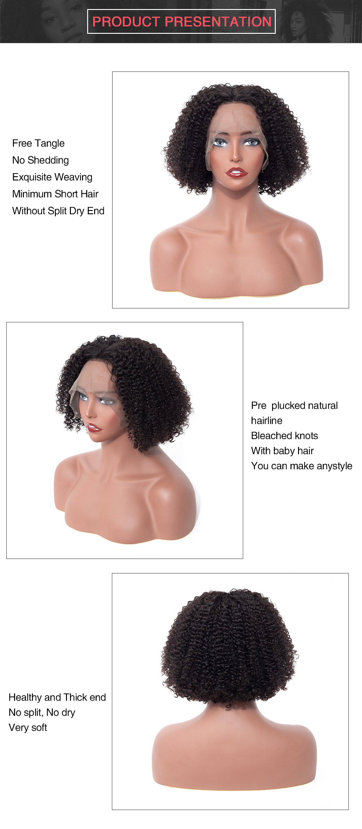 ISEE HAIR bob wigs for african american model, the front, side and back look for short curly bob wigs details 